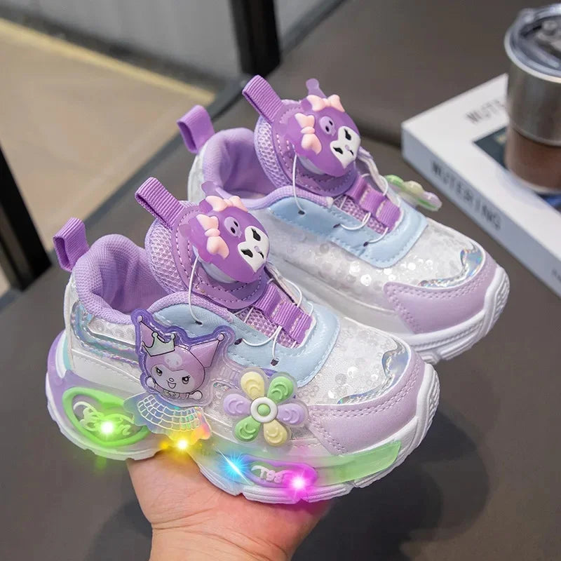 Girls Cartoon Rotating Button Sports Shoes Soft Bottom Kuroko Light up Dad Shoes Breathable Rubber Spring Season Kids Sneakers