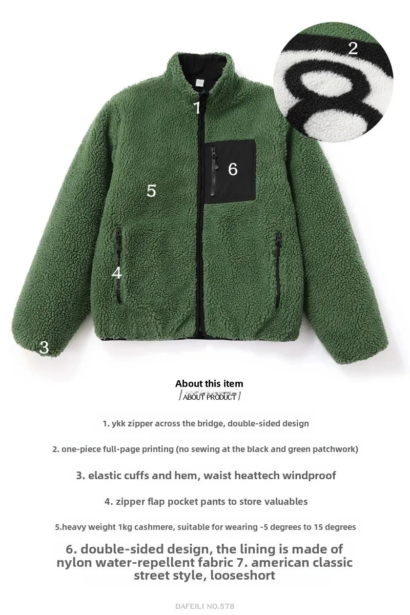 Vintage American Style Double-Sided Wearable Black Eight Ball Flocking Woolen Jacket Zipper For Men And Women Casual Use