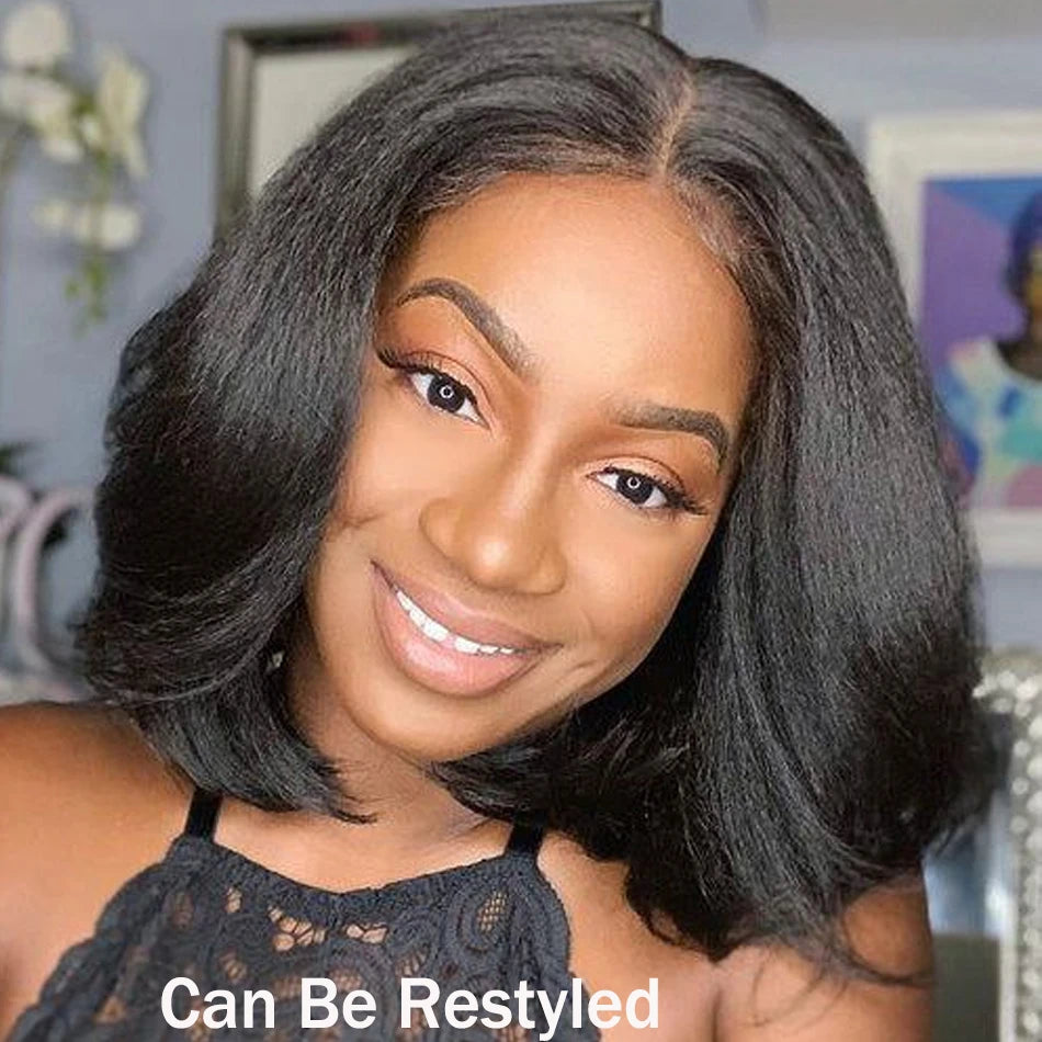 Kinky Yaki Straight Bob Lace Frontal Pre Cut Wigs 100% Human Hair Glueless Ready To Wear Short Bob HD Transparent Cheap Wigs
