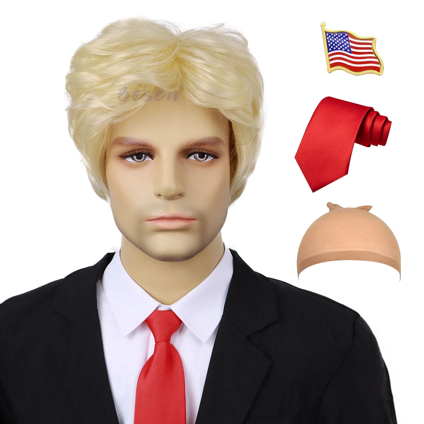 Synthetic Blonde Costume Wig for Adults With Funny Stickers Mens Layered Heat Resistant Wigs Famous People Cosplay Wigs