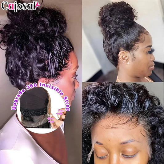 250 Density Invisi Strap 360 Full HD Lace Frontal Kinky Curly Wig Black Human Hair Drawstring Snug 30 inch Water Wig Glueless