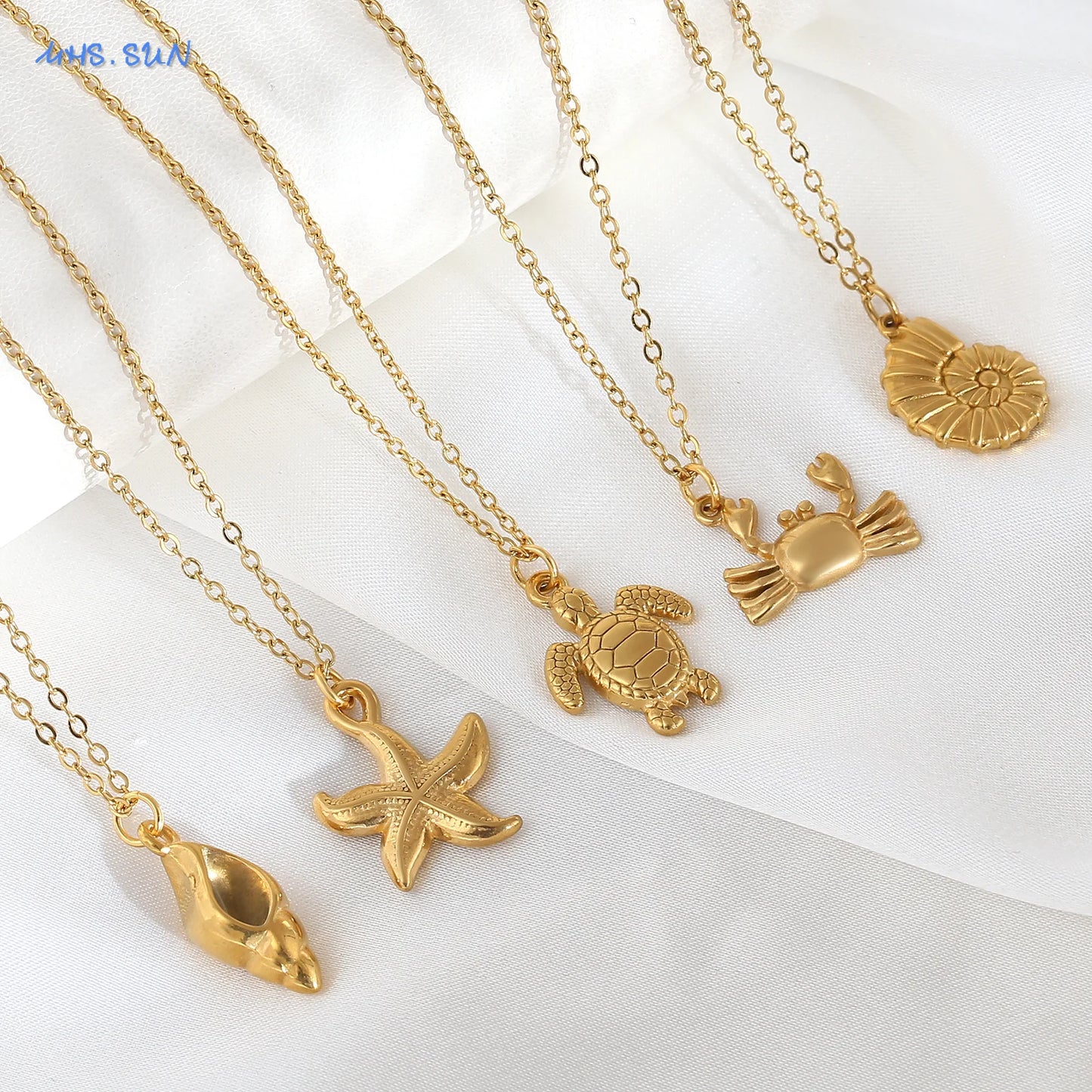 MHS.SUN Starfish Shell Conch Pendant Necklaces For Women Men Stainless Steel Trendy Chain Choker Beach Jewelry Summer Party