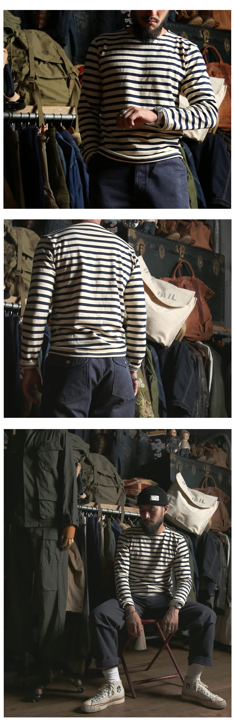 Bronson Sailor's Striped Shirt Vintage Fashion Breton Boat Collar Long Sleeve T-Shirt