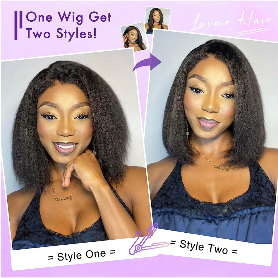 Kinky Yaki Straight Bob Lace Frontal Pre Cut Wigs 100% Human Hair Glueless Ready To Wear Short Bob HD Transparent Cheap Wigs