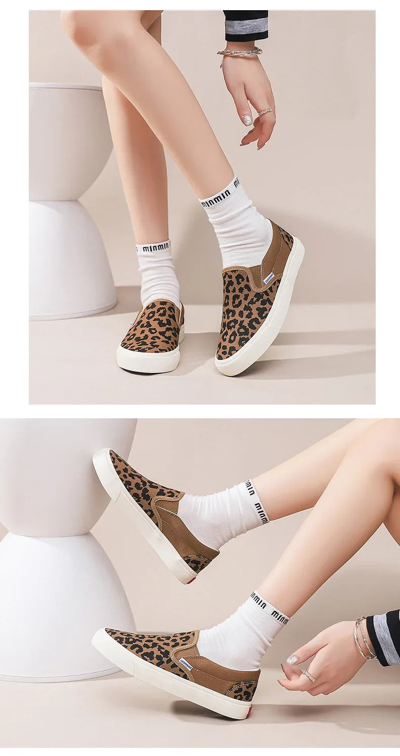 Retro Fashionable Canvas Shoes for Women Student Sports Casual Leopard Print Slip-On Sneakers Comfortable Cotton Lined Shoes