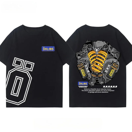 25 New Motorcycle Shock Absorber Modified T-shirt Clothes Casual Trendy Brand Men's Women's Car Club Crew Neck Short-sleeved Top