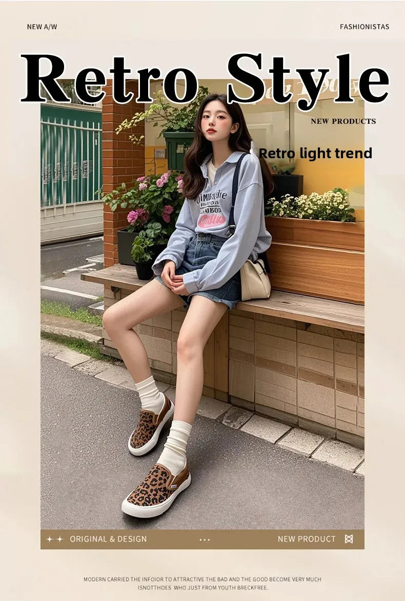 Retro Fashionable Canvas Shoes for Women Student Sports Casual Leopard Print Slip-On Sneakers Comfortable Cotton Lined Shoes