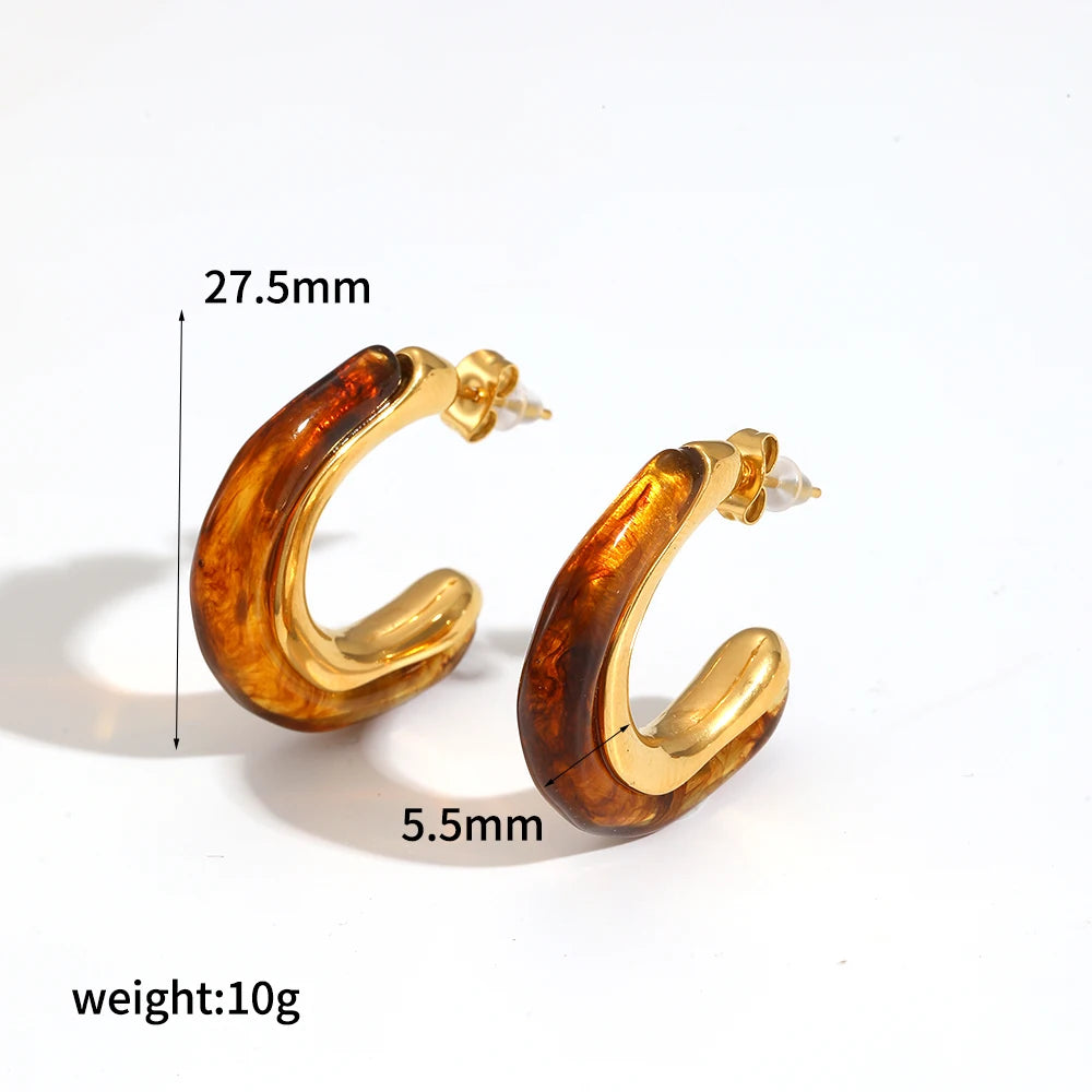 2025 New Design Brown Resin Geometric Shape Earrings Stainless Steel 18k Gold-plated Ear Studs for Women