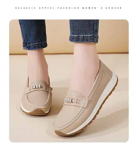 Women's casual flat shoes, 100 genuine leather shoes, lightweight spring and summer loafers, walking mom shoes