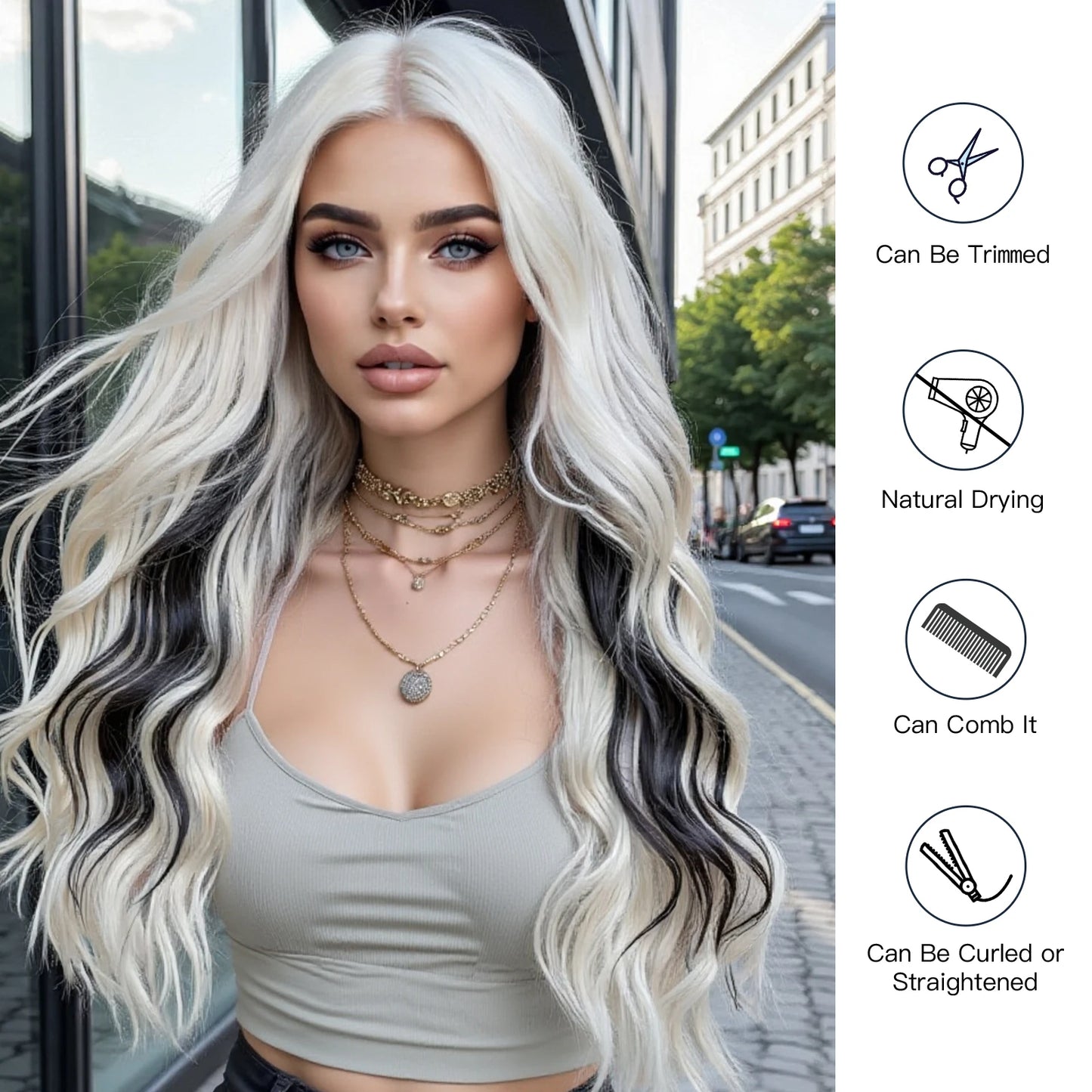 Super Long Wavy White Mixd Black Synthetic Wig Medium Part Water Wave Wigs For Women Daily Cosplay Halloween Colorfull Fake Hair