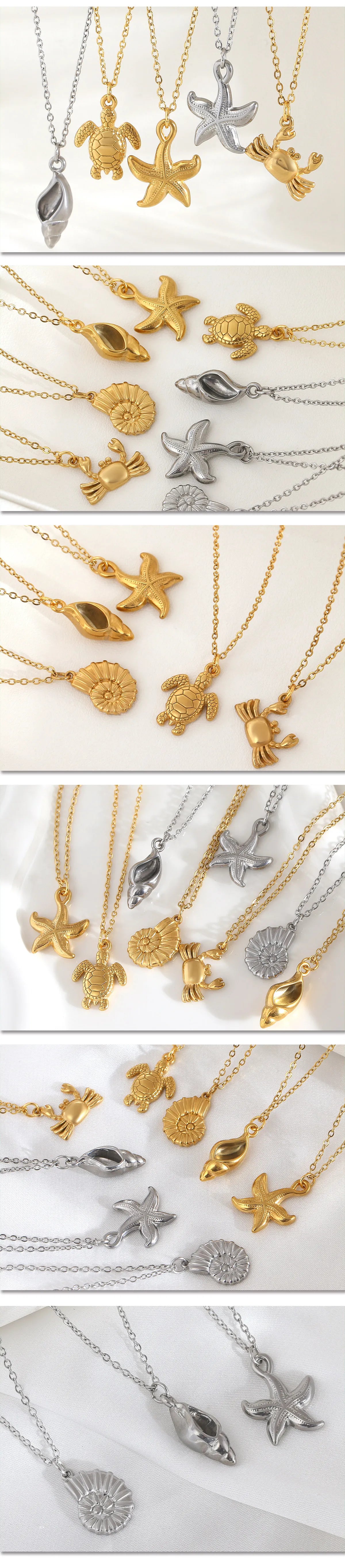 Summer Women's Starfish Conch Shell Necklace Fashion Stainless Steel Gold/Silver Color Crab Turtle Choker Beach Jewelry Gifts