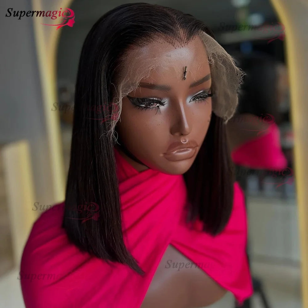 100% Vietnamese Super Double Drawn Bone Straight 13x4 Frontal Bob Wig with Human Hair Natural Black 300% Density For Black Women