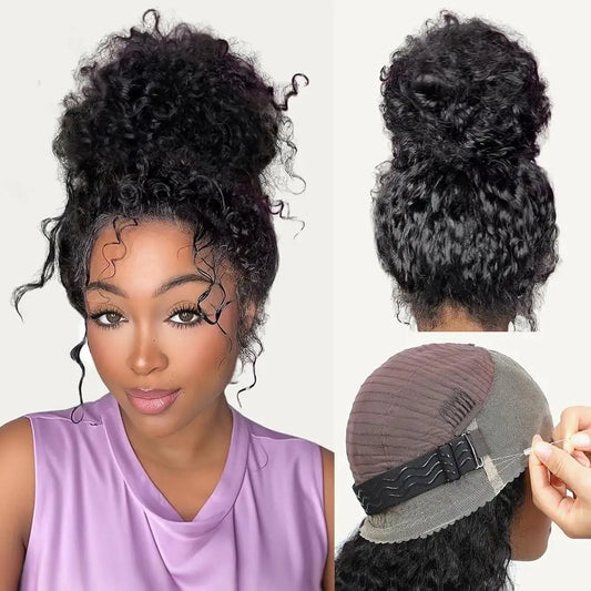 250% 30-36 inch HD Invisi Strap 360 Full Lace Frontal Kinky Curly Wig Black 100% Human Hair Drawstring Snug Water Wig Glueless