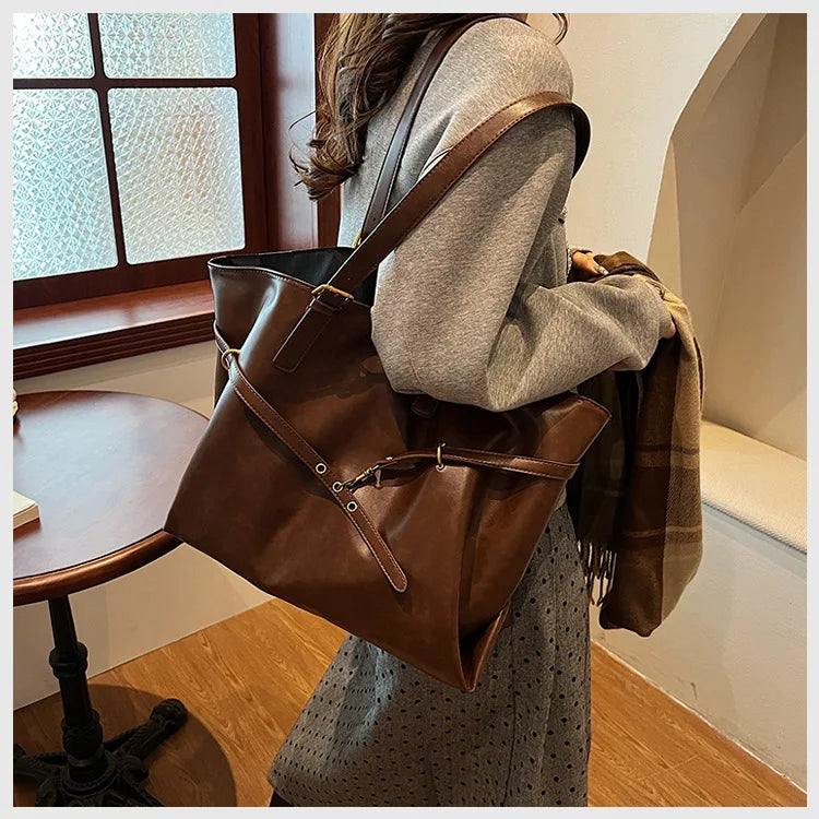 Large Capacity Winter Lady Shoulder Bag Vintage Casual Girl Tote Bags Y2K Pu Leather Female Handbags Women's Commuter Bag Purse