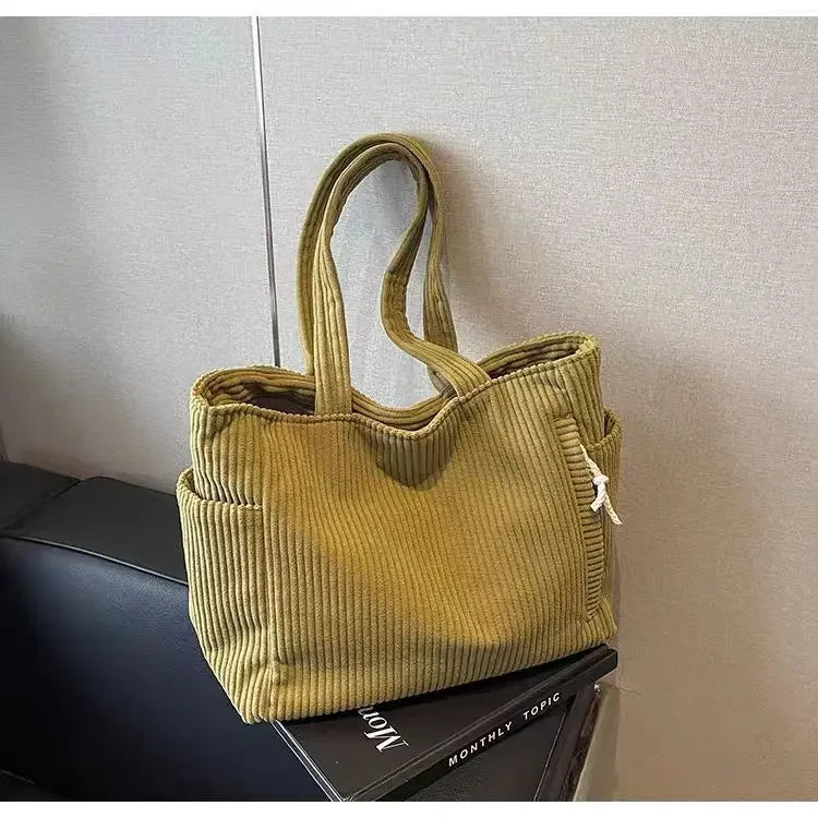 Corduroy Daily Handbag Fashionable Versatile Shoulder Bag for Women Multi-Compartment Zipper Closure Commute Women's Tote Bag