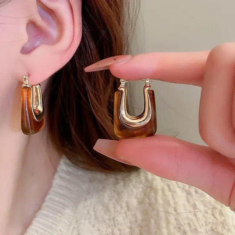 Green Vintage U Shaped Resin Earrings for Women Girls Geometric Irregular Stud Earrings 2025 New Trendy Party Ear Jewelry Gift