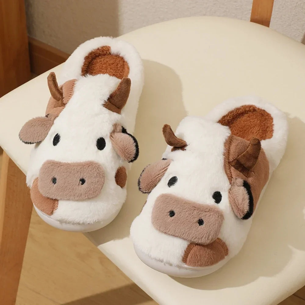 Winter Home Slippers for Couples Warm Plush Neutral Cartoon Cow Indoor Anti Slip Comfortable Cotton for Men Women