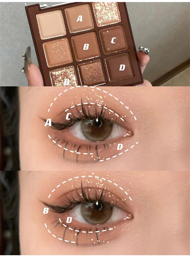 9 Colors Chocolate Eye Shadow Palette Pearly Matte Earth Color Eyeshadow Pallete Shiny Sequins Eye Pigments Lasting Makeup