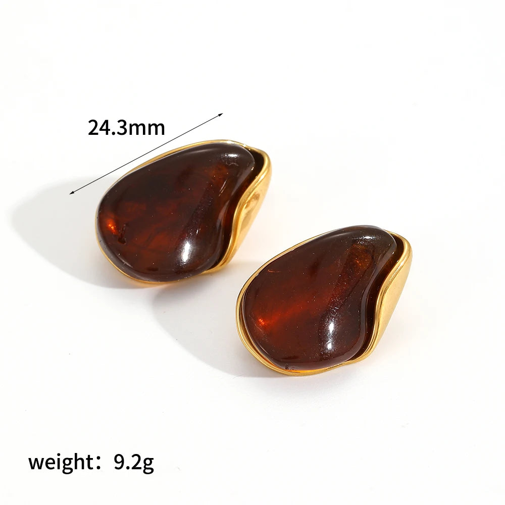 2025 New Design Brown Resin Geometric Shape Earrings Stainless Steel 18k Gold-plated Ear Studs for Women