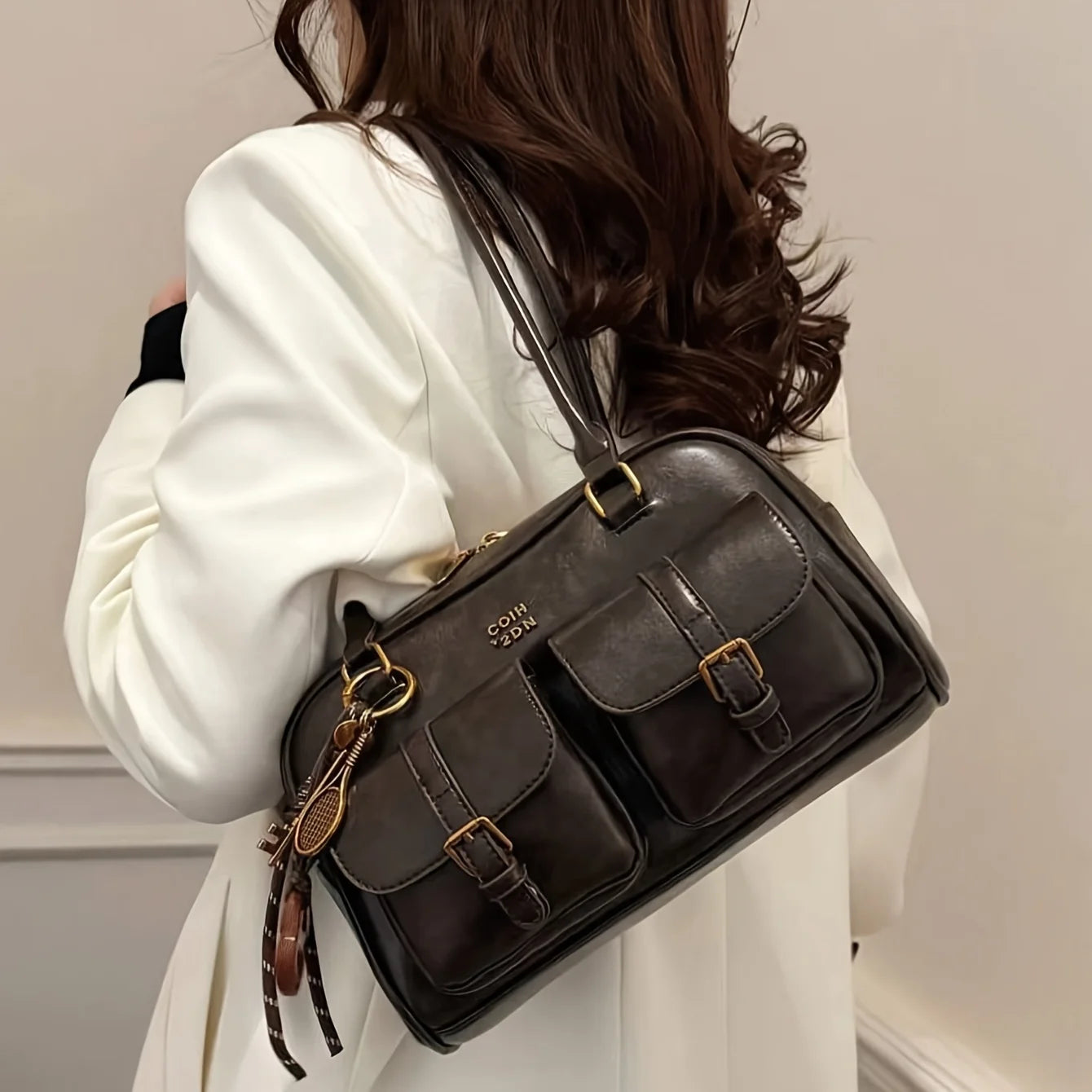 Women's Coffee Brown Multi-Pocket Handbag Shoulder Bag, Stylish Versatile Letter Crossbody Purse for Travel Work Shopping Dates