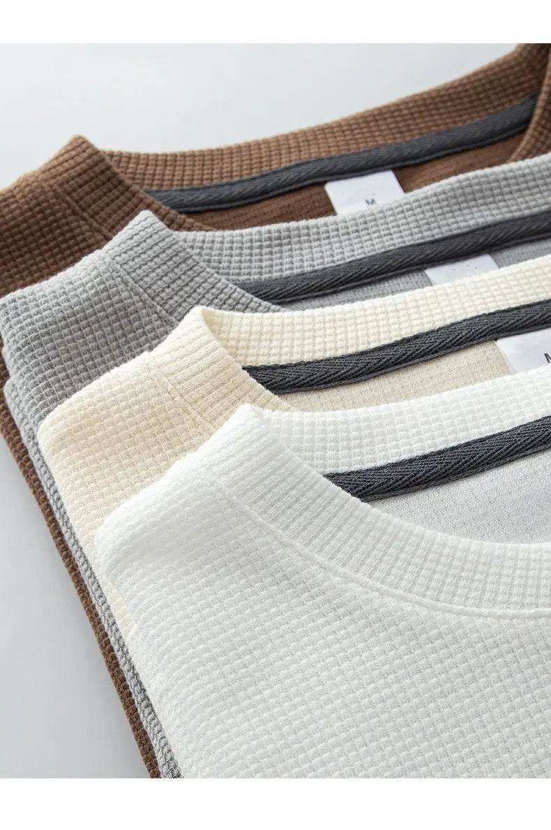 Waffle Short Sleeved T-shirt for Men and Women Summer Japanese Round Neck Half Sleeved Top Loose Casual Solid Color T-shirt