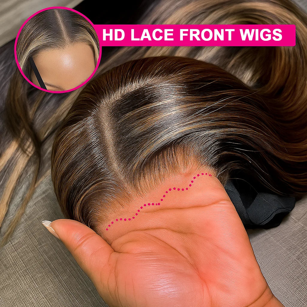 Brown With Gold Gradient Straight Hair Wigs Glueless 5x5 HD Lace Closure Wig Gold Omber Highlight Human Hair Wig Colored Wigs