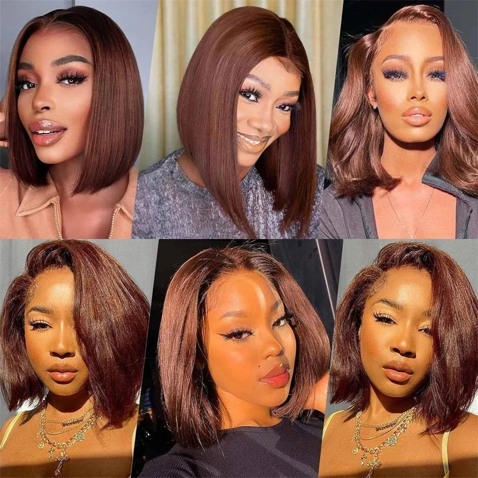 Straight Bob Wigs Chocolate Brown Colored 100% Real Human Hair 13x4 Lace Front Wigs Brazilian Remy Hair Pre Plucked Hairline