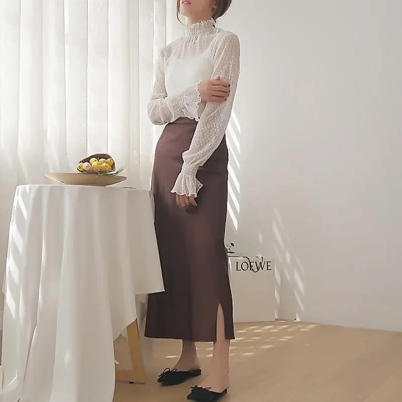 Women Sexy Mesh See Through T Shirt  Long Bell Sleeve Hollow Out Blouse Summer Transparent Sheer High Neck Bottoming Basic Tee