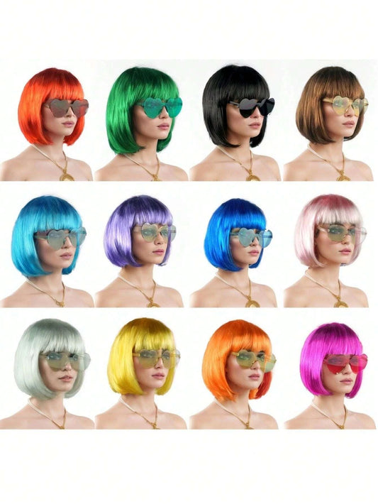 Halloween Party Prop Colorful Short Straight Bobo Wig, Funny & Novelty, With Free Frameless Heart-Shaped Sunglasses