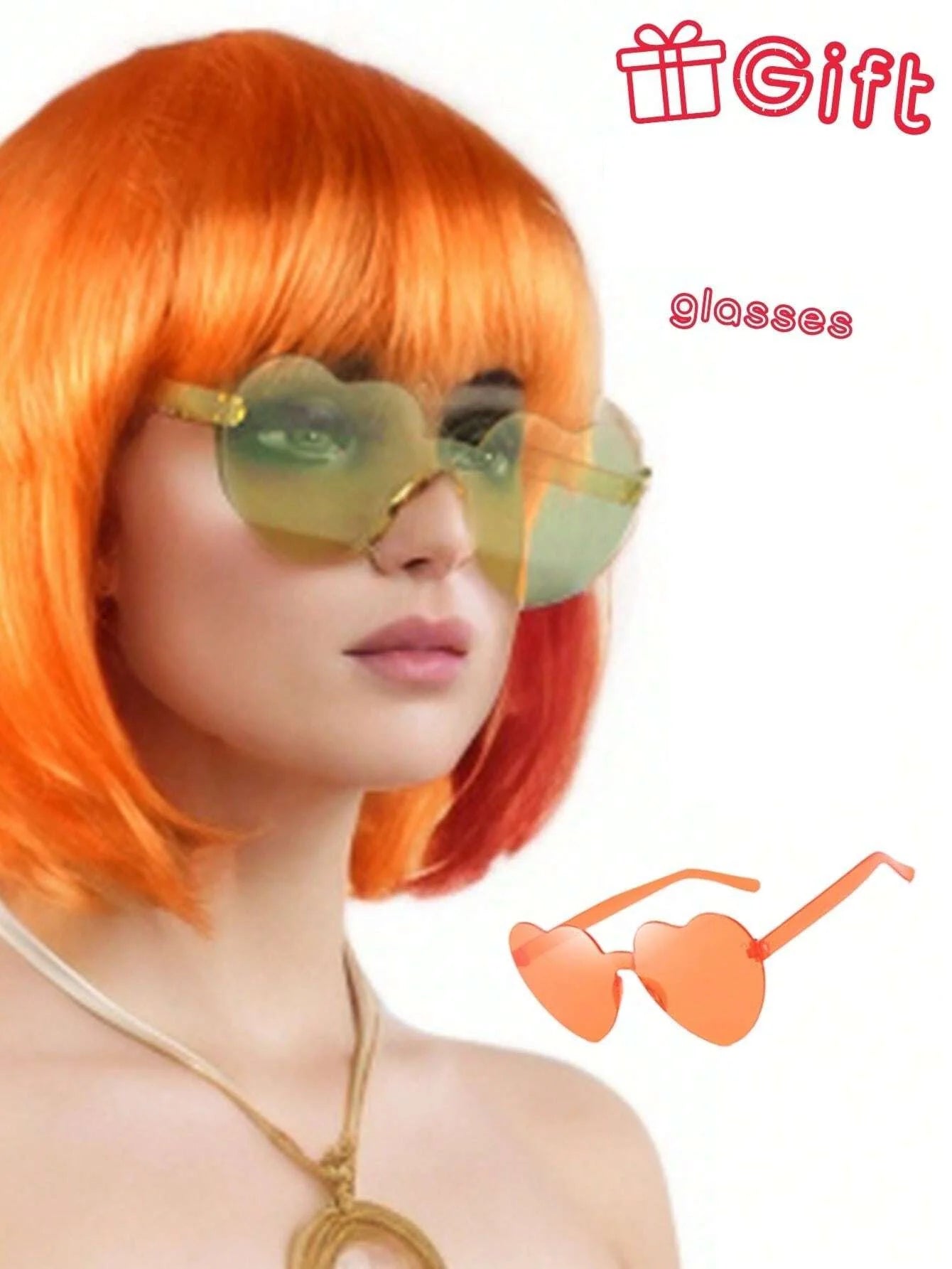 Halloween Party Prop Colorful Short Straight Bobo Wig, Funny & Novelty, With Free Frameless Heart-Shaped Sunglasses