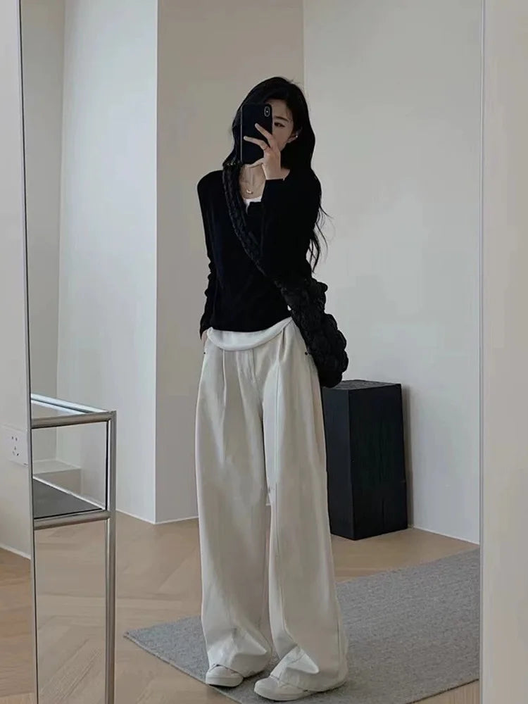 Y2k Black Fake Two Pieces Long Sleeves Shirt Women Autumn Irregular Patchwork Tops Slim-fit Bottom Knit Shirts Aesthetic Clothes