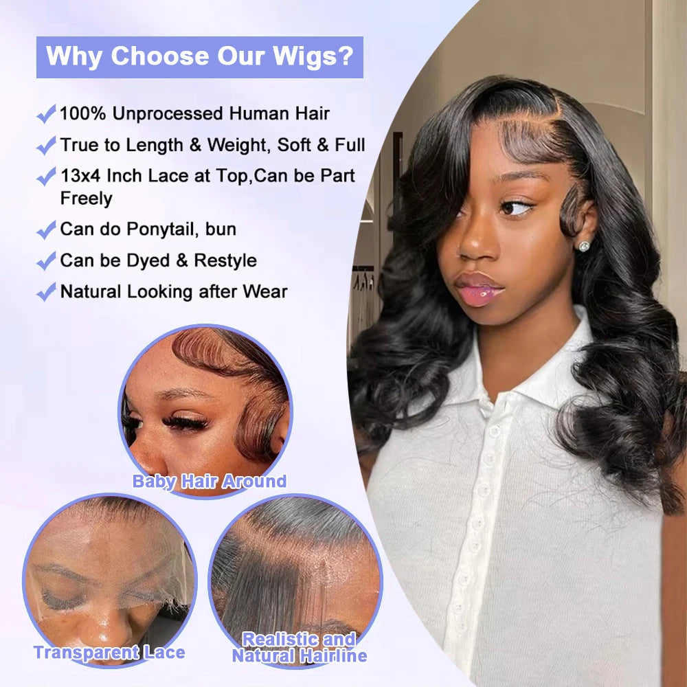 100% Human Hair Body Wave Bob Black Wig Loose Wave 13x4 Lace Front Short Wigs 4x4 Closure Bob Wig with Baby Hair For Women 14 IN