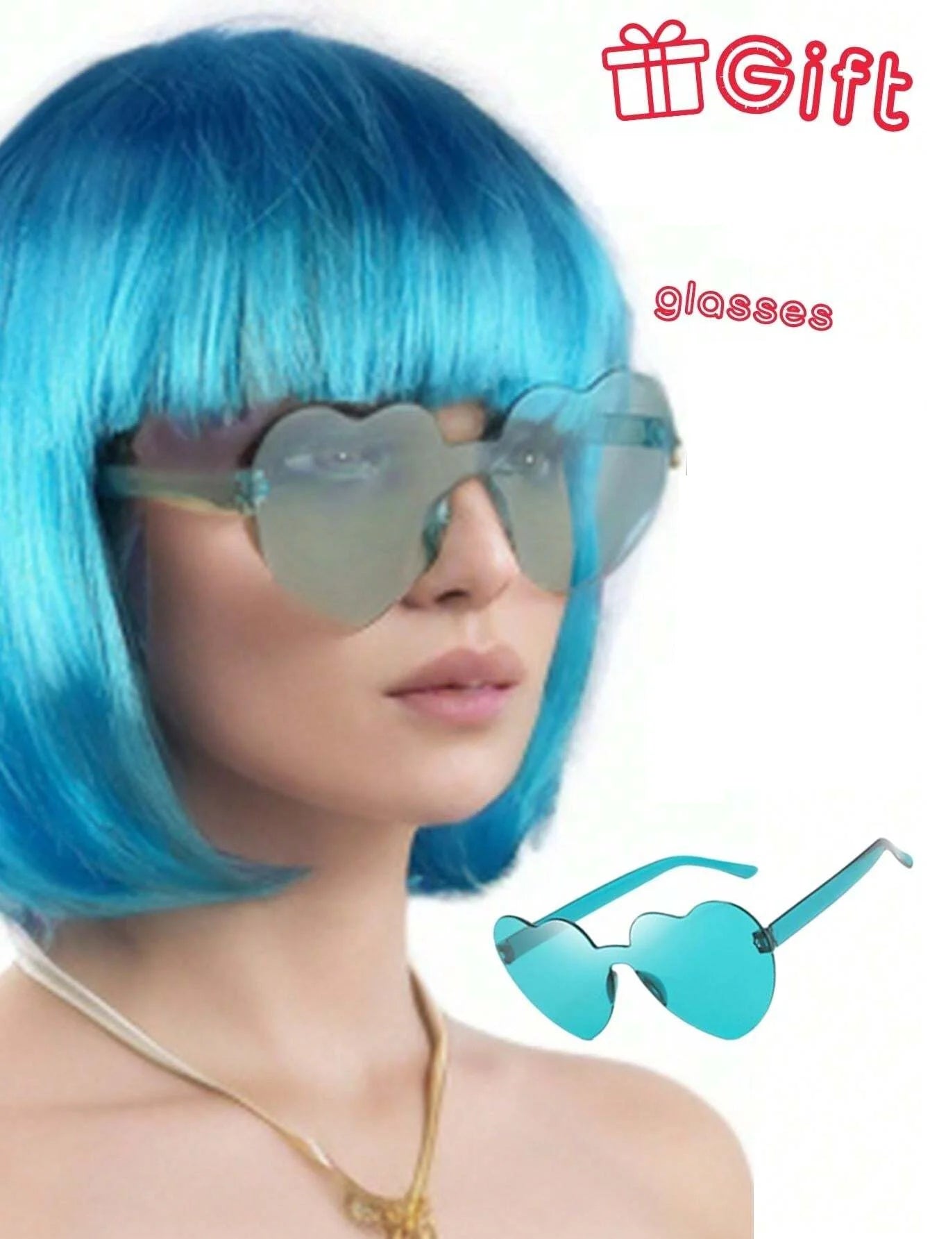 Halloween Party Prop Colorful Short Straight Bobo Wig, Funny & Novelty, With Free Frameless Heart-Shaped Sunglasses