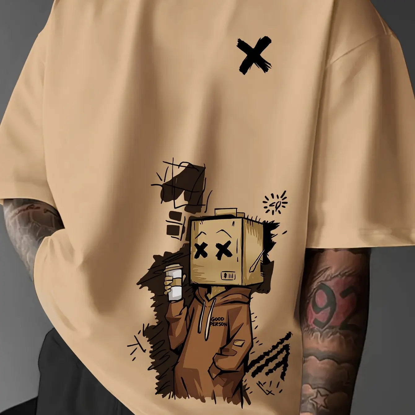 Men's 100% pure cotton fashionable casual sports loose trendy doll graffiti printed round neck short sleeved T-shirt top