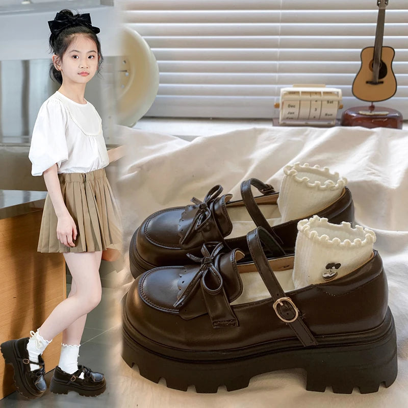 Kids Shoes Black Leather Mary Janes Girls Shoes Bow Thick Sole Casual Party Shoes Toddler Little Girls Fashion Footwear Shoes