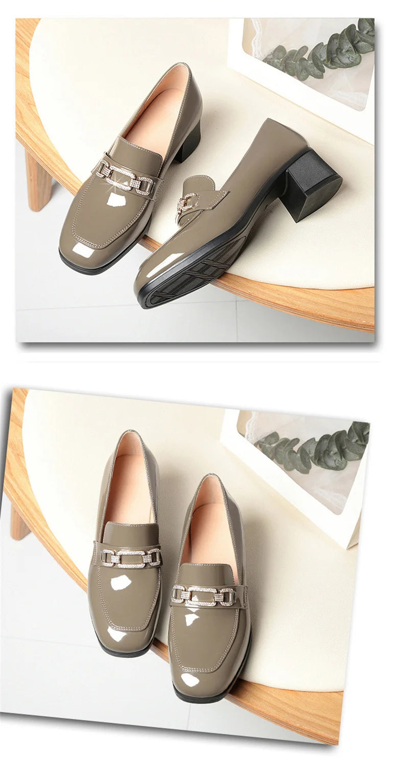Spring Autumn Ladies Pumps Shallow Shoes Patent Leather Soft Sole Crystal High Heels  Loafers Fashion Breathable Single Shoe