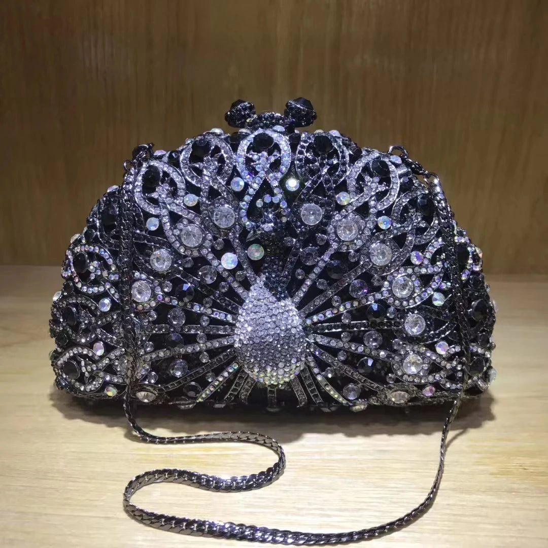 Women Peacock Animal Multicolored Clutch Bag Diamond Crystal Dinner Party Gala Handbag Wedding Bridal Birthday Gift Cute Purse