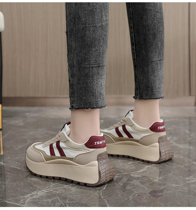 Spring Thick Bottom Women's Shoes 2025 Summer Casual Patchwork Leather Sneakers Casual Vulcanised Shoes Ladies Chaussure Femme