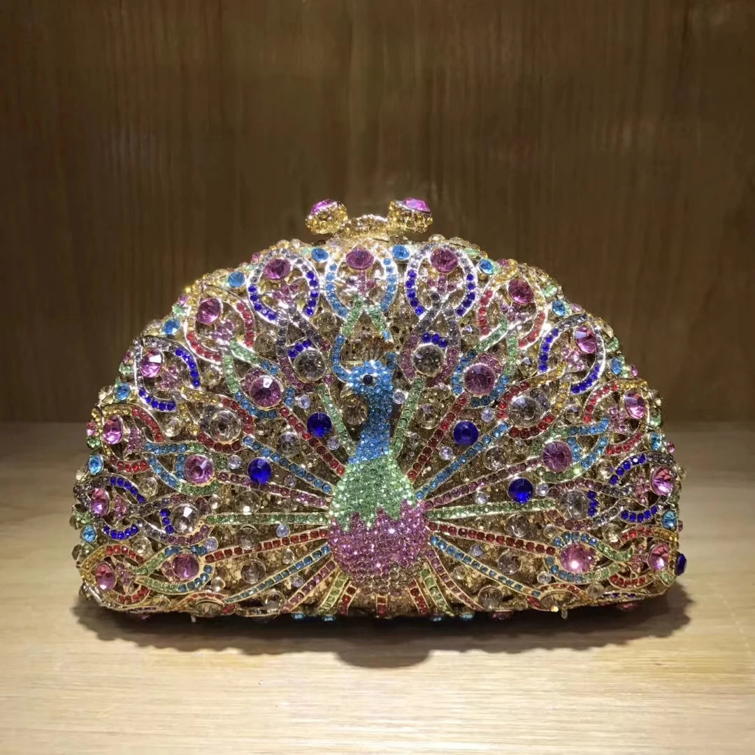 Women Peacock Animal Multicolored Clutch Bag Diamond Crystal Dinner Party Gala Handbag Wedding Bridal Birthday Gift Cute Purse