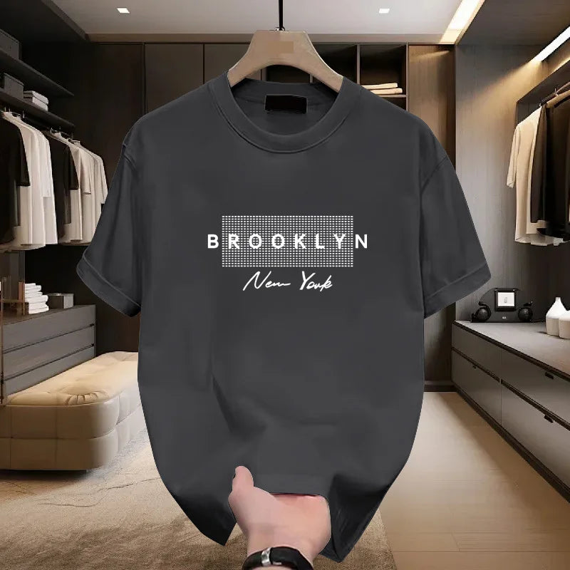 2025 Summer Fashion Men's Cotton Short sleeved T-shirt Round Neck Loose Letter Printed Moisture wicking and Sweating Top