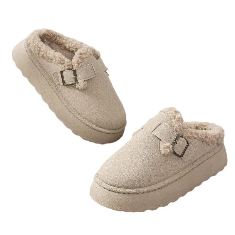 2025 New Plush Buckle Warm Cotton Slippers Winter Thick Sole Thick Snow Boot High Quality Plush Cotton Slippers Zapatos De Mujer