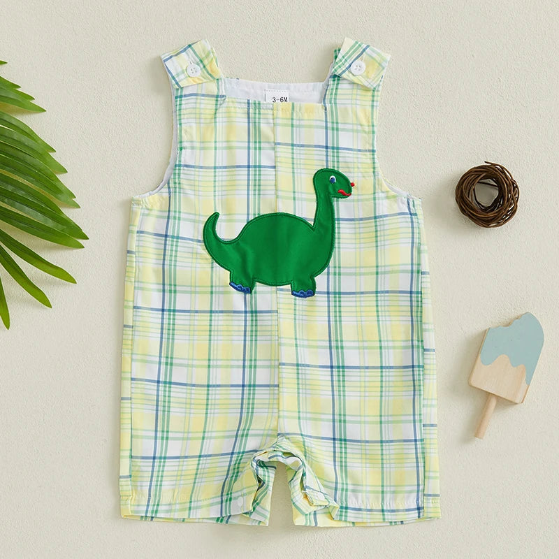 Toddler Baby Girls Boys Overalls Romper Cute Plaid Embroidery Dinosaur Sleeveless Jumpsuits Children Summer Clothes