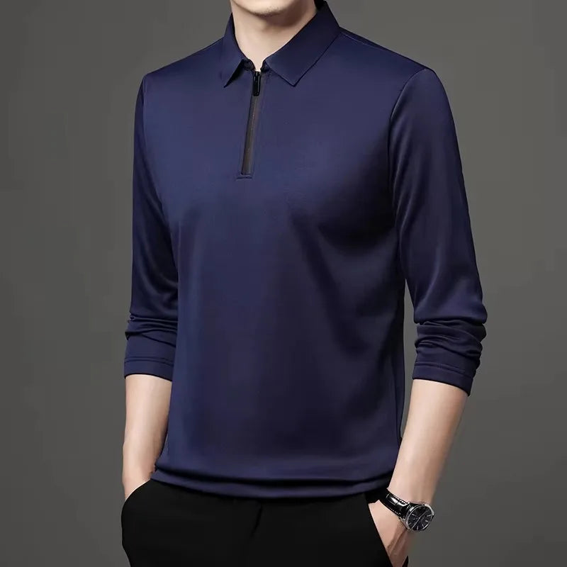New T Shirt Zipper Polo Shirt Male Fashion Turn-Down Collar Long Sleeve Business Men Clothes