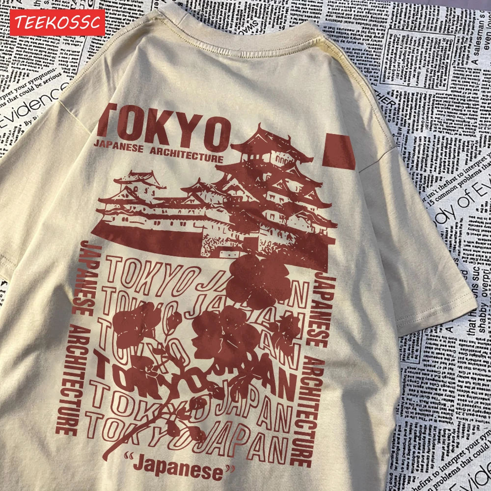 Trend Cotton Women'S T-Shirts Japanese Tokyo Sakura Printed Streetwear Soft Breathable Oversize Summer Street Female Clothes