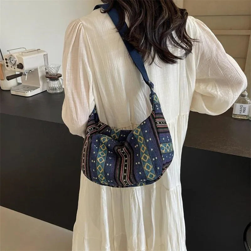 Tribal Style Shoulder Bag, Foldable Crossbody with Zipper Closure, Striped Pattern, Flag Theme Hand Washable Edge Painted Lining