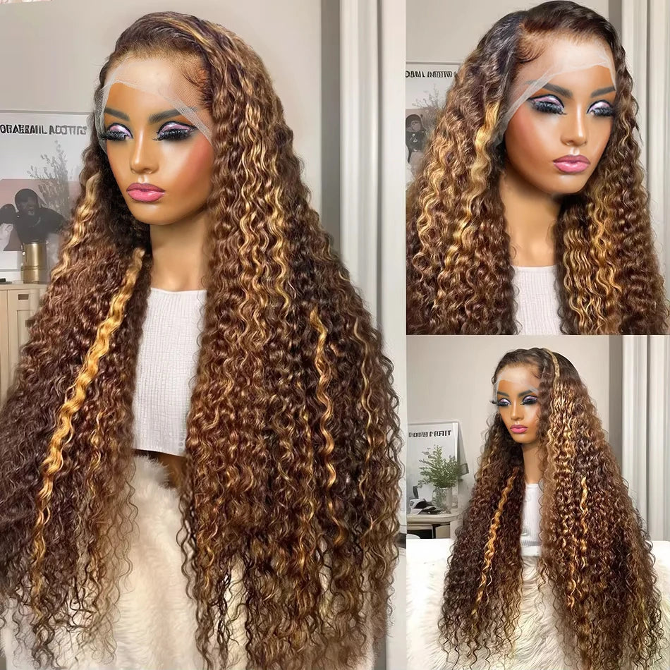 Curly Colored Highlight Wigs Human Hair Deep Wave 13x6 Hd Lace Frontal Wig 18 36Inch 4/27 Ombre Brown Blonde Lace Front Wigs