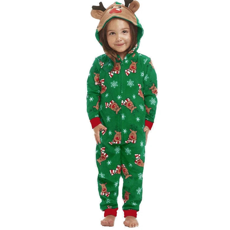 Christmas Family Matching Onesie Elk Print Cute Soft Jumpsuit Mom Dad Kids Clothing Sets Hooded Zipper Overall Xmas Look Pyjamas