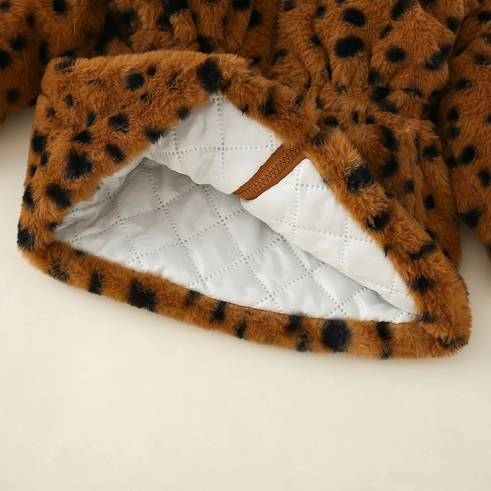 Winter Girls Leopard Pattern Sweater New Cotton Clothes Rabbit Ear Hooded Zipper Waistband Children's Clothing