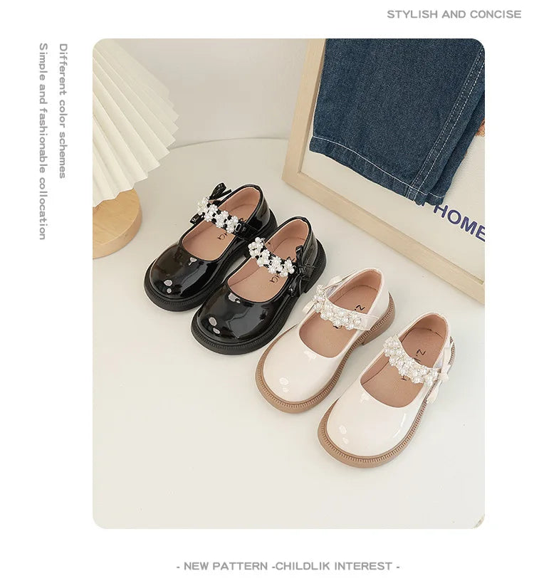 Children's Leather Shoes Glossy PU Black School Girl Shoes Fashion Sweet Kids Princess Soft Bottom Mary Jane Shoes Side Bowknot