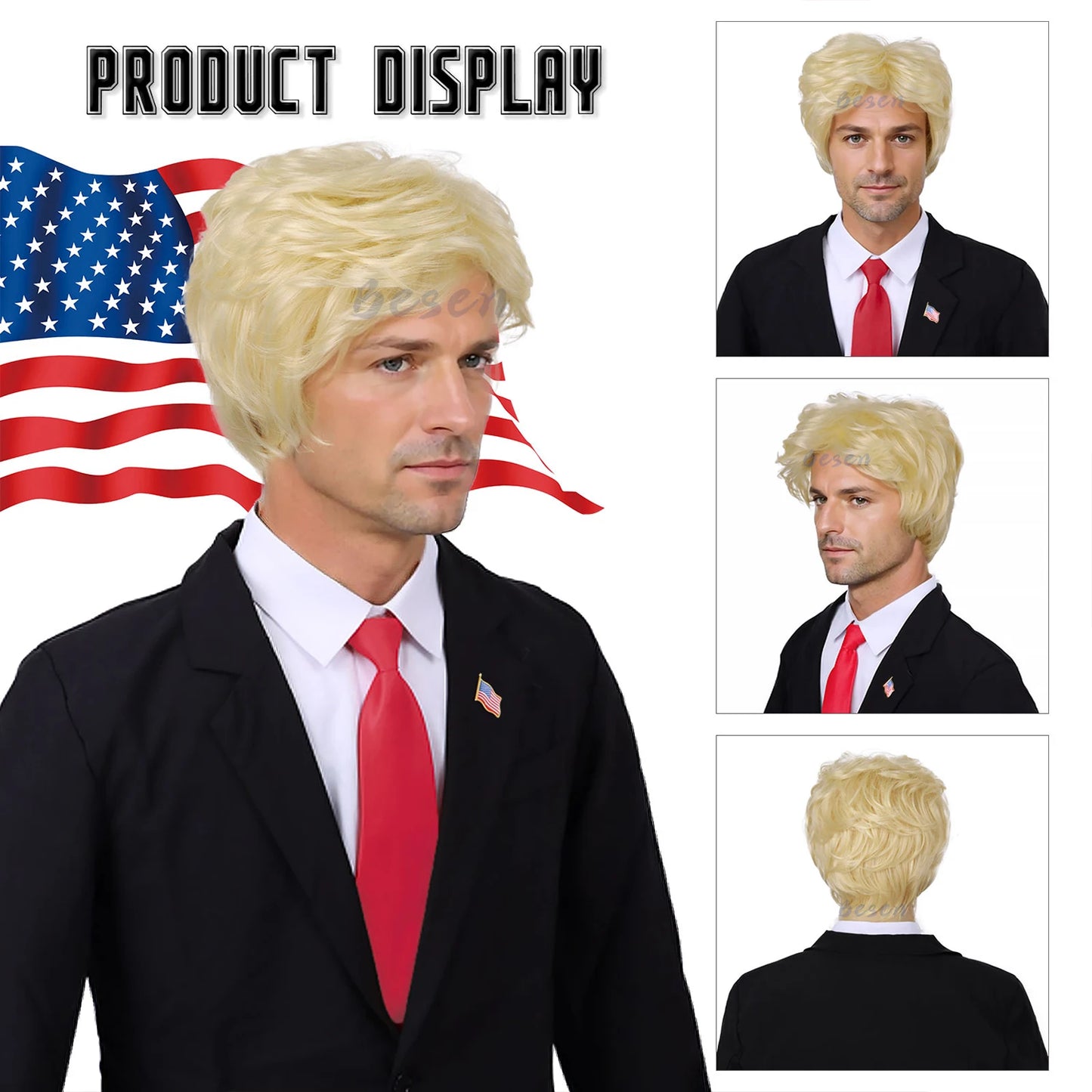 Synthetic Blonde Costume Wig for Adults With Funny Stickers Mens Layered Heat Resistant Wigs Famous People Cosplay Wigs